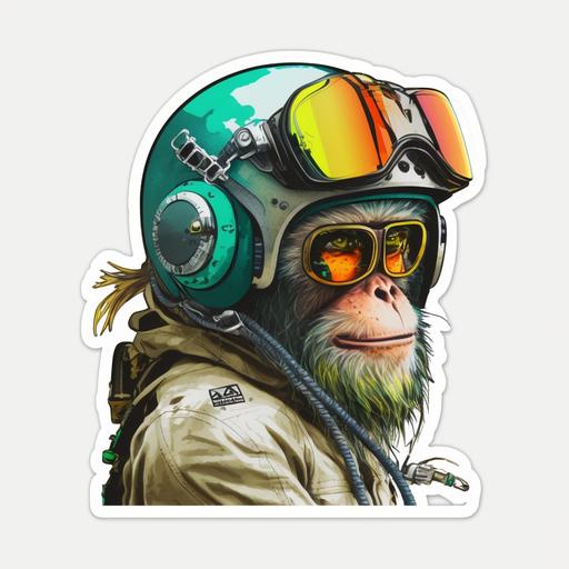 Sticker of a monkey with a beard and helmet with a bionic eye, colorful. --v 4
