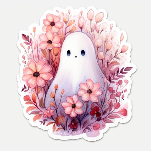 Sticker sheet white background, cute but spooky pink ghost, watercolor artwork neutral, illustration of fall, fall, wildflowers, spooky art, Halloween art