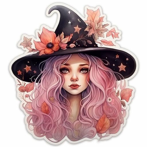 Sticker sheet white background, cute but spooky pink witch, stars, whimsical, pastel. girly,' watercolor artwork neutral, illustration of fall, fall, wildflowers, spooky art, Halloween art