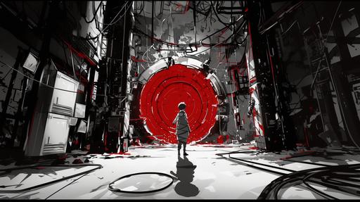 Still from black and white anime retrofuturistic film noir, accidental scene of [portal 2 (2010)], a beautiful Chell, red portal, in style naruto --ar 16:9 --style raw --niji 6