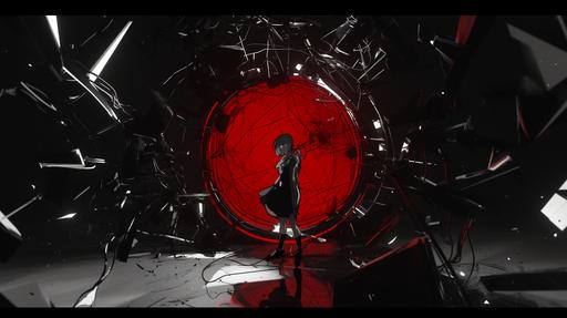 Still from black and white anime retrofuturistic film noir, accidental scene of [portal 2 (2010)], a beautiful Chell, red portal, in style naruto --ar 16:9 --style raw --niji 6