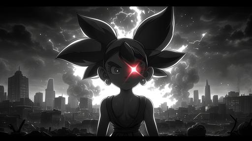 Still from black and white anime retrofuturistic film noir, accidental scene of [portal 2 (2010)], a beautiful Chell, red portal, in style dragon ball --ar 16:9 --style raw --s 999 --c 8 --niji 6