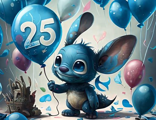 Stitch congratulates birthday, confetti, ballons, number 25 on ballons, Fantasy Basel in the background, character, --ar 4:3