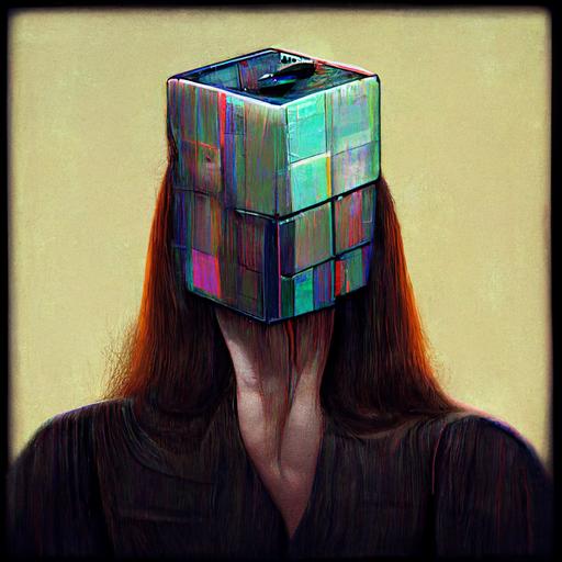 superstar wearing a skimpy Issey Miyake dress::3 she has a cube for a head::4 glitching::3 there's a glitch in the matrix::2 glitchart cube head::2 --no doubles