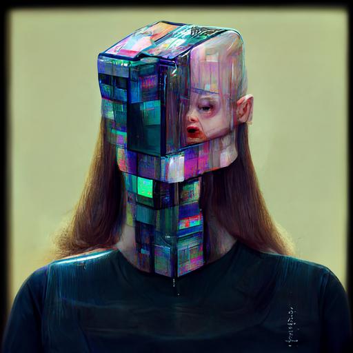 superstar wearing a skimpy Issey Miyake dress::3 she has a cube for a head::4 glitching::3 there's a glitch in the matrix::2 glitchart cube head::2 --no doubles