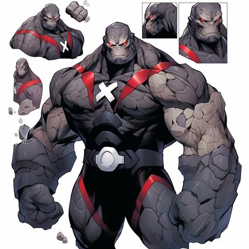 Stone monster male villain reference sheet, updated Darkseid suit, of Hulk clutched fist, OC character design, Comic artwork style, 21yrs old, black purple silver & white tactical suit, villain suit, rage angry face expression, old comic style, damaged containment suit, red glowing eyes, angry rage facial expression, silver gauntlets, silver utility belt, black boots, ripped black cape, outlined white, strong build, full body, whole picture, faced frontward, high quality art, beautiful old style comic artwork marvel Thanos. --s 750 --niji 5