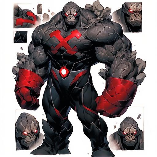 Stone monster male villain reference sheet, updated Darkseid suit, of Hulk clutched fist, OC character design, Comic artwork style, 21yrs old, black purple silver & white tactical suit, villain suit, rage angry face expression, old comic style, damaged containment suit, red glowing eyes, angry rage facial expression, silver gauntlets, silver utility belt, black boots, ripped black cape, outlined white, strong build, full body, whole picture, faced frontward, high quality art, beautiful old style comic artwork marvel Thanos. --s 750 --niji 5