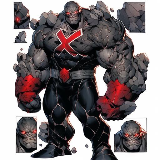 Stone monster male villain reference sheet, updated Darkseid suit, of Hulk clutched fist, OC character design, Comic artwork style, 21yrs old, black purple silver & white tactical suit, villain suit, rage angry face expression, old comic style, damaged containment suit, red glowing eyes, angry rage facial expression, silver gauntlets, silver utility belt, black boots, ripped black cape, outlined white, strong build, full body, whole picture, faced frontward, high quality art, beautiful old style comic artwork marvel Thanos. --s 750 --niji 5