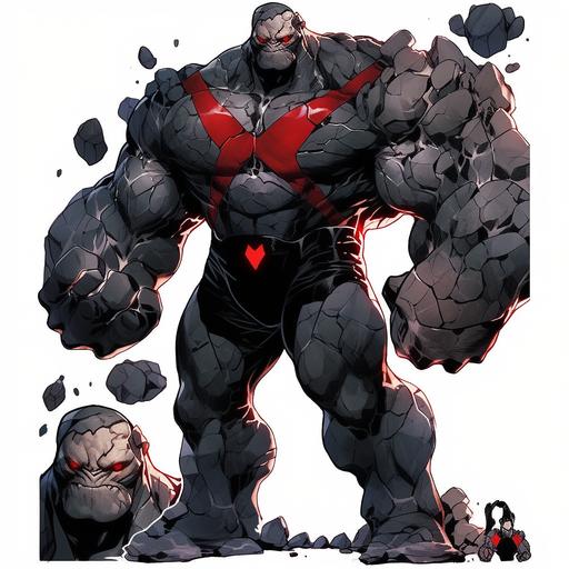 Stone monster male villain reference sheet, updated Darkseid suit, of Hulk clutched fist, OC character design, Comic artwork style, 21yrs old, black purple silver & white tactical suit, villain suit, rage angry face expression, old comic style, damaged containment suit, red glowing eyes, angry rage facial expression, silver gauntlets, silver utility belt, black boots, ripped black cape, outlined white, strong build, full body, whole picture, faced frontward, high quality art, beautiful old style comic artwork marvel Thanos. --s 750 --niji 5