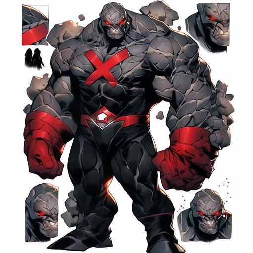 Stone monster male villain reference sheet, updated Darkseid suit, of Hulk clutched fist, OC character design, Comic artwork style, 21yrs old, black purple silver & white tactical suit, villain suit, rage angry face expression, old comic style, damaged containment suit, red glowing eyes, angry rage facial expression, silver gauntlets, silver utility belt, black boots, ripped black cape, outlined white, strong build, full body, whole picture, faced frontward, high quality art, beautiful old style comic artwork marvel Thanos. --s 750 --niji 5