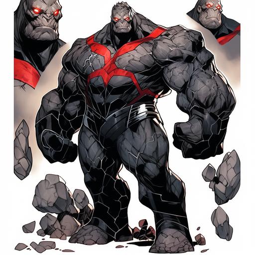 Stone monster male villain reference sheet, updated Darkseid suit, of Hulk clutched fist, OC character design, Comic artwork style, 21yrs old, black purple silver & white tactical suit, villain suit, rage angry face expression, old comic style, damaged containment suit, red glowing eyes, angry rage facial expression, silver gauntlets, silver utility belt, black boots, ripped black cape, outlined white, strong build, full body, whole picture, faced frontward, high quality art, beautiful old style comic artwork marvel Thanos. --s 750 --niji 5