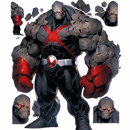 Stone monster male villain reference sheet, updated Darkseid suit, of Hulk clutched fist, OC character design, Comic artwork style, 21yrs old, black purple silver & white tactical suit, villain suit, rage angry face expression, old comic style, damaged containment suit, red glowing eyes, angry rage facial expression, silver gauntlets, silver utility belt, black boots, ripped black cape, outlined white, strong build, full body, whole picture, faced frontward, high quality art, beautiful old style comic artwork marvel Thanos. --s 750 --niji 5