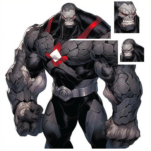 Stone monster male villain reference sheet, updated Darkseid suit, of Hulk clutched fist, OC character design, Comic artwork style, 21yrs old, black purple silver & white tactical suit, villain suit, rage angry face expression, old comic style, damaged containment suit, red glowing eyes, angry rage facial expression, silver gauntlets, silver utility belt, black boots, ripped black cape, outlined white, strong build, full body, whole picture, faced frontward, high quality art, beautiful old style comic artwork marvel Thanos. --s 750 --niji 5