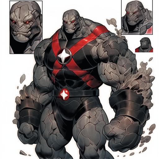 Stone monster male villain reference sheet, updated Darkseid suit, of Hulk clutched fist, OC character design, Comic artwork style, 21yrs old, black purple silver & white tactical suit, villain suit, rage angry face expression, old comic style, damaged containment suit, red glowing eyes, angry rage facial expression, silver gauntlets, silver utility belt, black boots, ripped black cape, outlined white, strong build, full body, whole picture, faced frontward, high quality art, beautiful old style comic artwork marvel Thanos. --s 750 --niji 5