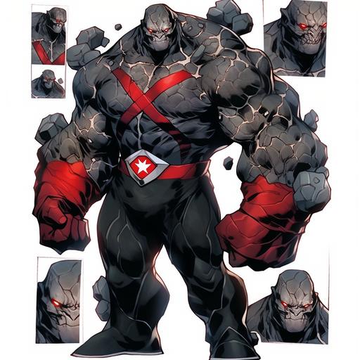 Stone monster male villain reference sheet, updated Darkseid suit, of Hulk clutched fist, OC character design, Comic artwork style, 21yrs old, black purple silver & white tactical suit, villain suit, rage angry face expression, old comic style, damaged containment suit, red glowing eyes, angry rage facial expression, silver gauntlets, silver utility belt, black boots, ripped black cape, outlined white, strong build, full body, whole picture, faced frontward, high quality art, beautiful old style comic artwork marvel Thanos. --s 750 --niji 5