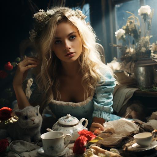 Story Wide angle: Alice in Wonderland, Blonde haired Girl, Rabbit Barefoot, Afternoon Tea Flower Sea 4K --s 750