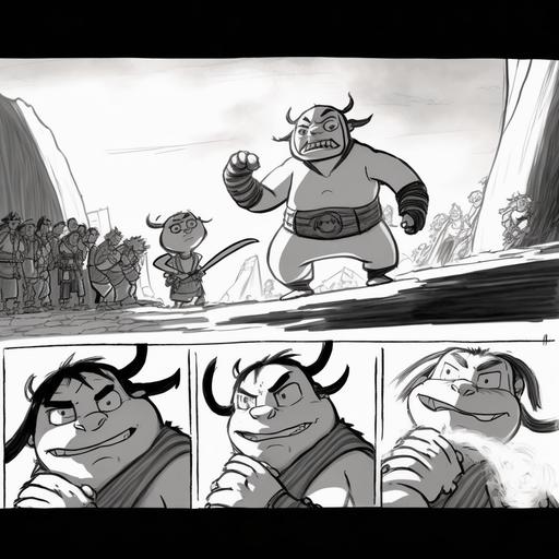 , , Storyboard panels from kung fu panda, Panda Po fights a bunch of animal ninjas at sunset on a mountain top, pencil on paper, Tom Owens, Simon Wells, Sean Bishop –ar 3:2