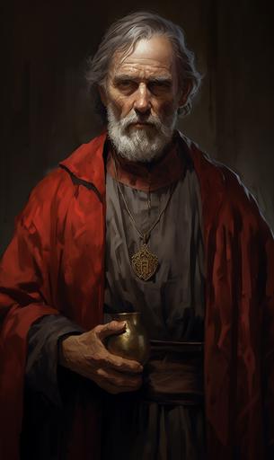 /Stout older man, a simple-looking cleric, a deep wide scar in his face, red and grey simple clothing, friendly. holding a small silver bell. detailed. --ar 3:5