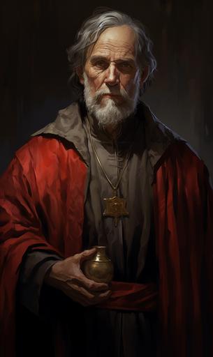 /Stout older man, a simple-looking cleric, a deep wide scar in his face, red and grey simple clothing, friendly. holding a small silver bell. detailed. --ar 3:5