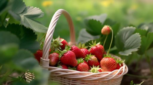 , Strawberries are placed in the basket in the strawberry field. The background is blurred, realistic, super realistic, with high and extreme details, 8k, ultra high definition, Canon 35mm lens, photo realism, photos, --ar 16:9 --q 2 --v 5.1