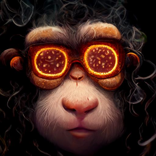 curly haired fat female monkey, nose, piercing, musty skin running in the forrest dark lighting misty background dimmed lights thin clear glasses with food around plates of food fruit bread HD, 8k Ultra realistic smoke red
