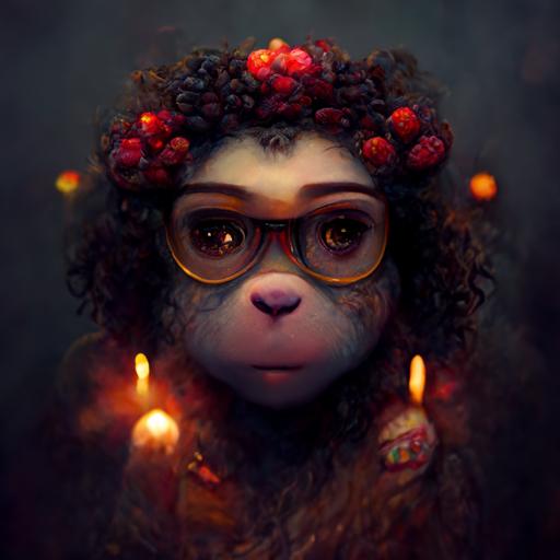 curly haired fat female monkey, nose, piercing, musty skin running in the forrest dark lighting misty background dimmed lights thin clear glasses with food around plates of food fruit bread HD, 8k Ultra realistic smoke red