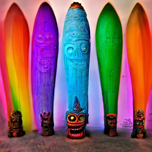 Happy colorful rainbow evil alien fish tiki totem poles, giant 20 feet tall 8 foot diameter deep carvings mahogany shiny wood, Polynesian influence, multi-headed stacked crazy faces, ren and stimpy style cartoon look, wide angle, cinemascope, tim burton art with hr giger art style, photorealism, artstation octane render, HD, 8K, Renderman -aspect 235:100