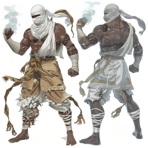 Street fighter 2D Style, full body shot for character sheet with multiple poses and expressions ,100% white background, African masked fighter, tribal robes, older, barefoot, bandage type hand wraps, white smoke coming from eyes,