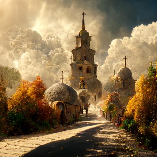 Street of fantasy medieval village, 3, Church with golden dome, dome of the rock, 2, road with pavement stone, steps, medieval houses, Oak trees, Autumn, intricate detail, volumetric dramatic light, crepuscular rays, god rays, clouds, 5D, epic scene, octane render, RTX, CGI, SSAO