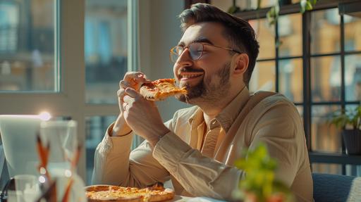 Street photography, of a handsome 35yr old man, sitting at his desk in daytime, beige shirt, happy taking a bite of pizza --ar 16:9