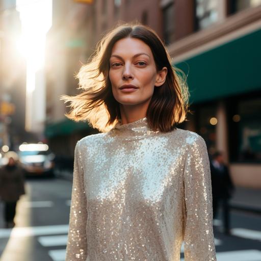 Street style detailed portrait profile photo of a tall beautiful woman who looks like daria werbowy with dark hair walking through tribeca, smiling naturally, looking care free, wearing a modest long sleeved long iridescent ivory white sequin runway dress designed in the style of Phoebe Philo for the brand Céline, carrying a turquoise velvet handbag, natural afternoon lighting, solar flare, shot on Hasselblad X1D high key photography lighting, flair effect x 2 ar 16: 9 V5