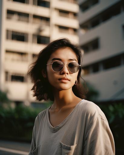 Street style portrait of a female wearing a sunglass and a gray long-sleeve top in middle of foreground, background is brutalist style HDB apartments in Singapore, evening, shot on Kodak Portra 400 --ar 4:5 --s 250 --v 5