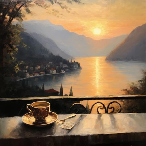 Strong Impressionist oil painting, Lake Como in Italy, balcony view with coffee cup on table during summer time, sunset, very atmospheric