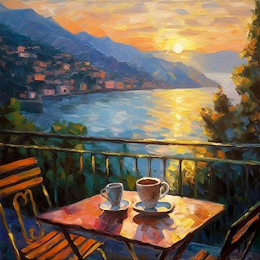 Strong Impressionist oil painting, Lake Como in Italy, balcony view with coffee cup on table during summer time, sunset, very atmospheric