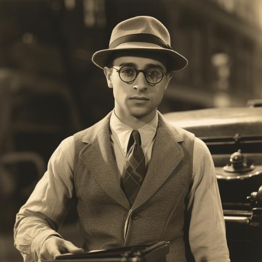 Strong fit male reporter with glasses in 1920s outfit with hat vintage