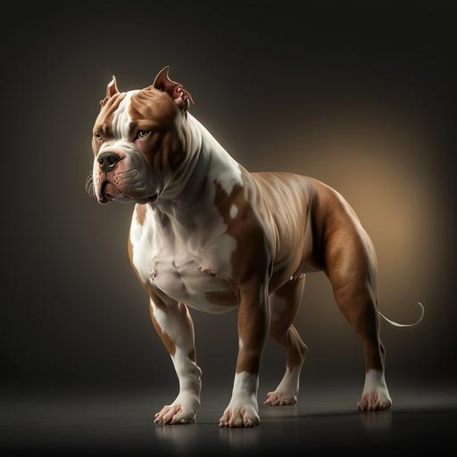 Strong, muscular Pitbull, brown color with white, realistic and full body, soft lights --v 4