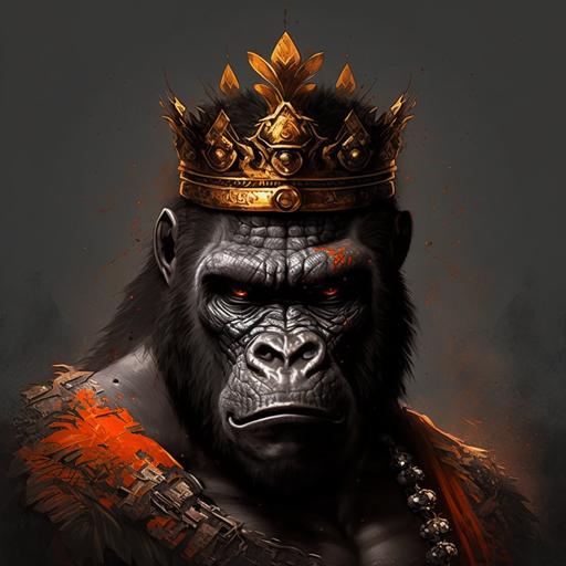 Strong, powerful and wise gorilla. A crown on the head, Spartan style and the skin containing shades of black and orange.