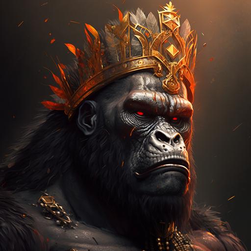 Strong, powerful and wise gorilla. A crown on the head, Spartan style and the skin containing shades of black and orange.