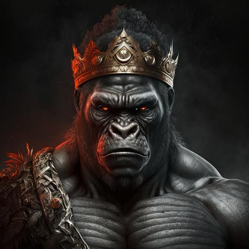 Strong, powerful and wise gorilla. A crown on the head, Spartan style and the skin containing shades of black and orange.