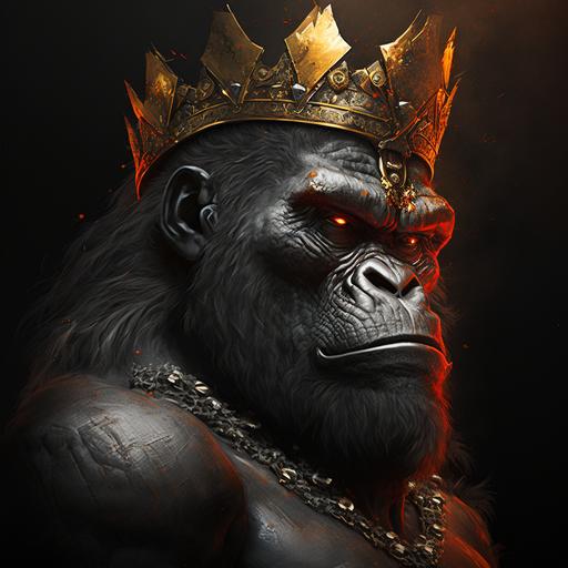 Strong, powerful and wise gorilla. A crown on the head, Spartan style and the skin containing shades of black and orange.