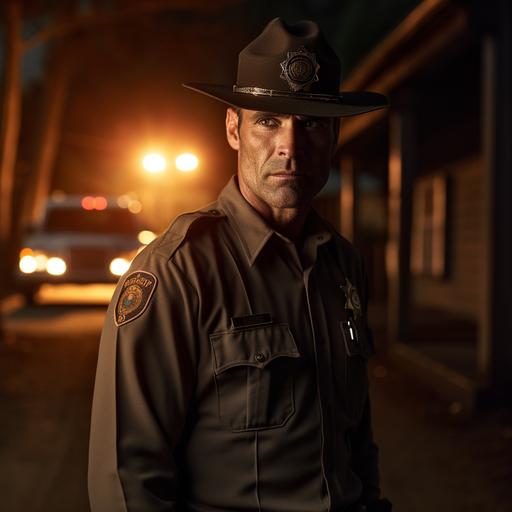 40 year old man in sheriff uniform, fit and handsome, standing in small town street at night, backlit, old truck beside him, scary, horror film poster, super realistic, hyper realistic, photo realistic, volumetric lighting, in the style of 