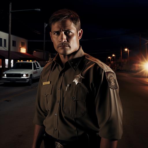 40 year old man in sheriff uniform, standing in small town street at night, backlit, old truck beside him, scary, horror film poster, super realistic, hyper realistic, photo realistic, volumetric lighting, in the style of 