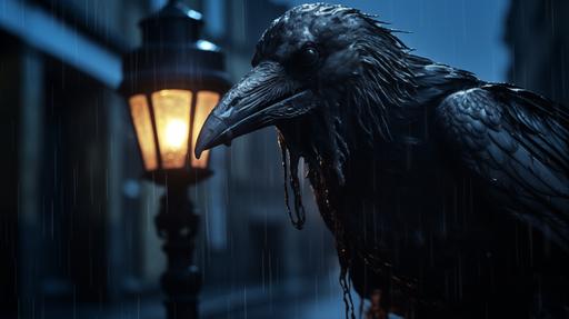 a crow mask is laying on a street under the light of a street lamp in a small town, it is raining, horror, scary, photorealistic, hyper realistic, volumetric lighting, detailed, hyper detailed, --ar 16:9