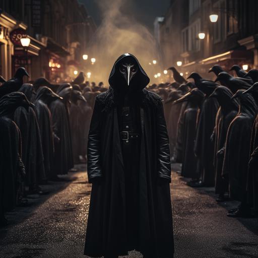 a man in a black robe with a cape and a crow mask is standing in a crowded street at night, he is the killer in a horror film, in the style of I know what you did last summer, dark scary, photo realistic, hyper realistic
