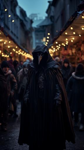 a man in a black robe with a cape and a simple crow mask is standing in a crowded street at night for a festival celebrating crows, he is the killer in a horror film, in the style of I know what you did last summer, dark scary, photo realistic, hyper realistic --ar 9:16