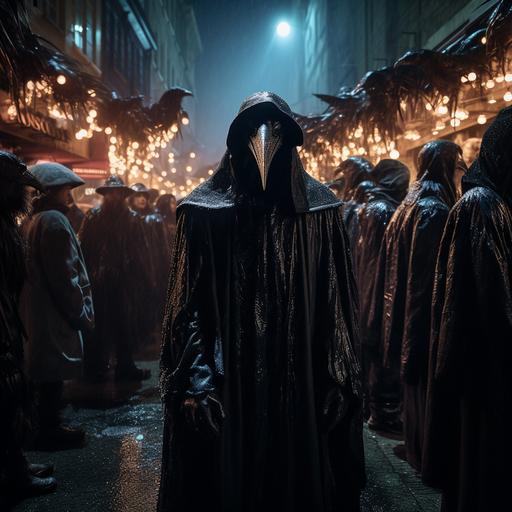 a man in a black robe with a cape and a simple crow mask is standing in a crowded street at night for a festival celebrating crows, he is the killer in a horror film, in the style of I know what you did last summer, dark scary, photo realistic, hyper realistic