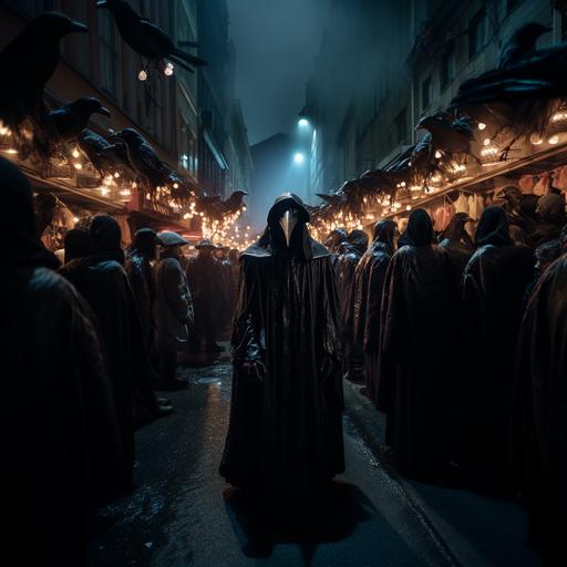 a man in a black robe with a cape and a simple crow mask is standing in a crowded street at night for a festival celebrating crows, he is the killer in a horror film, in the style of I know what you did last summer, dark scary, photo realistic, hyper realistic