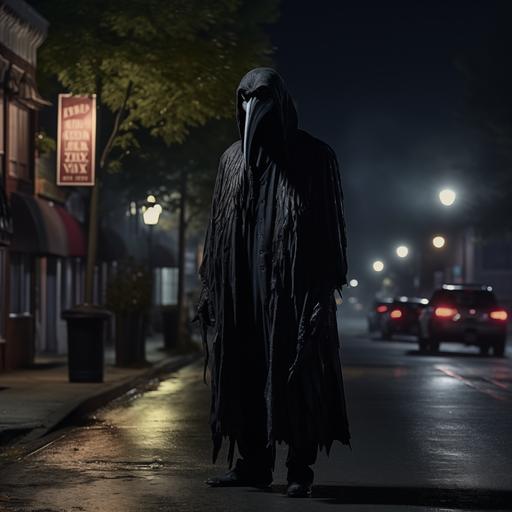 full body, killer man dressed in raven mask with long beak and black robe, standing in small town street at night, knife in his hand, scary, horror film poster, super realistic, hyper realistic, photo realistic, volumetric lighting, in the style of 