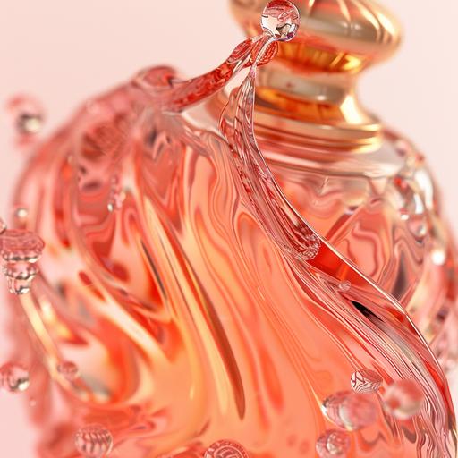 Studio photography of a perfume dior botle from a lower perspective. Refreshing, super bubbly and with movement. Coral-color background. Studio lighting scheme. Subtle light coming from the left