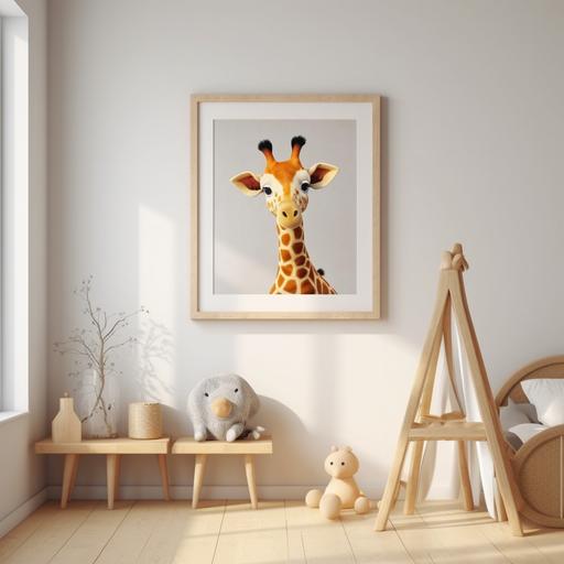 Studio photography, real nursery room, hiper realistic, warm light coming from the window, wall with A3 size Art frame mockup, Minimalist Interior, baby giraffe and ladybug soft cuddly toys and crib nearby